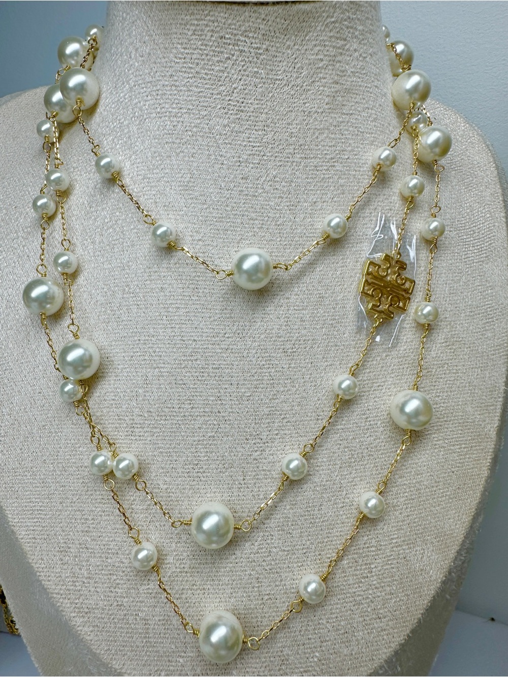 Tory Burch Gold Pearl Multi-Strand Necklace - White Faux Pearls